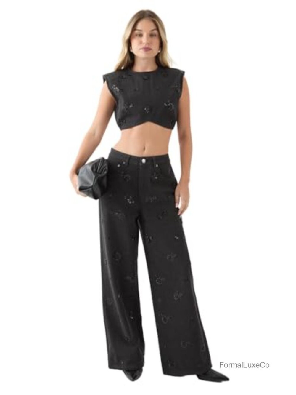 Misspap Denim Embellished Wide Leg High Waisted Jeans